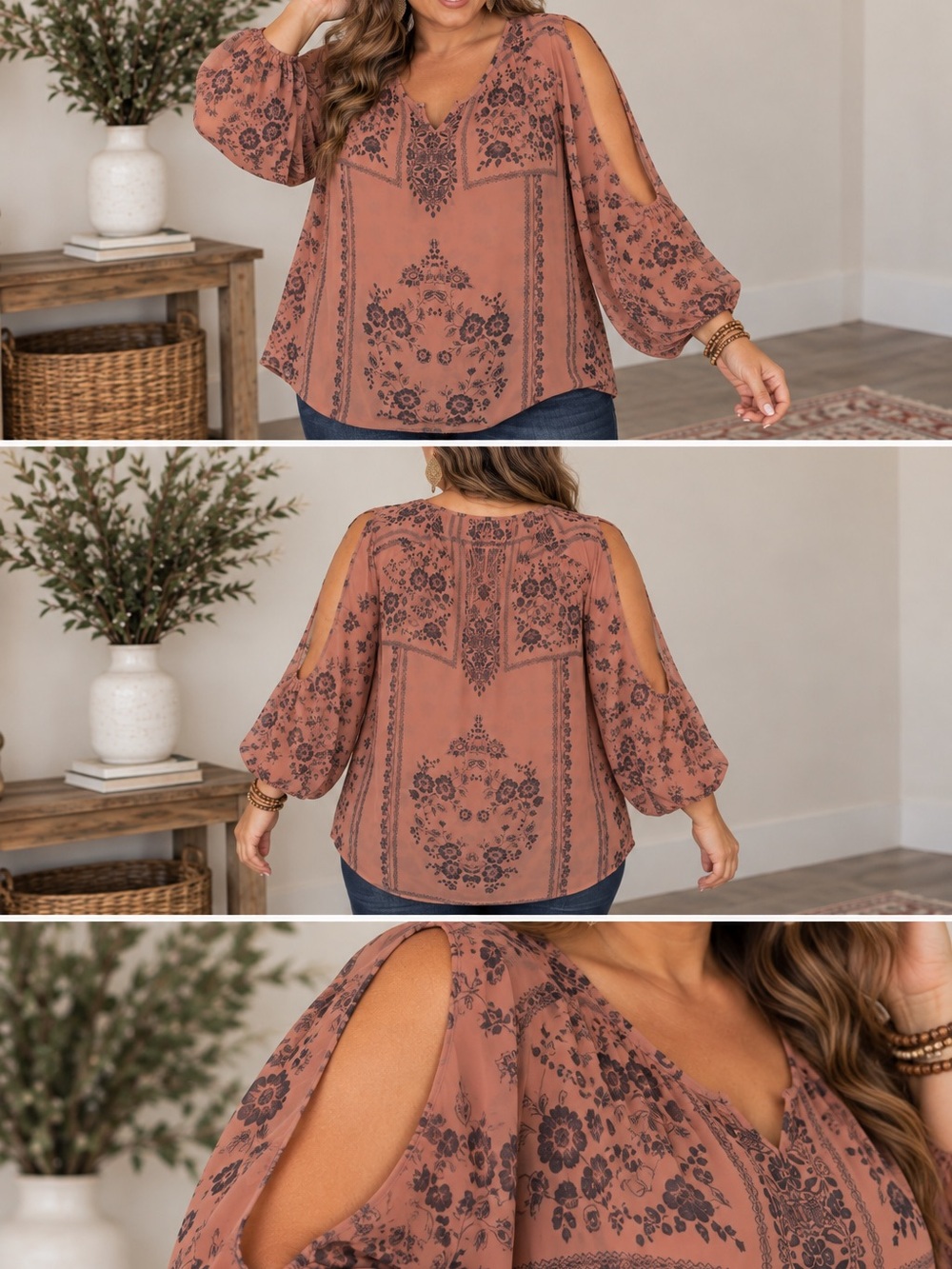 ONE WORLD Dusty Terracotta Floral Split-Sleeve V-Neck Top